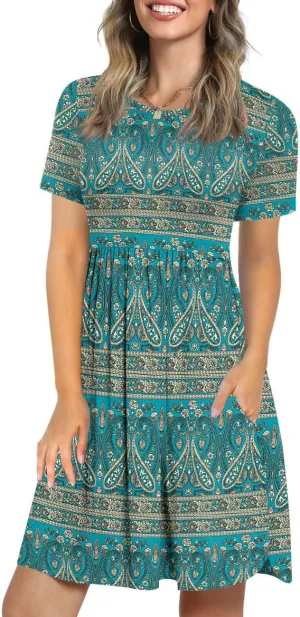 LONGYUAN Women's Casual Dresses 2025 Summer Short Sleeve Dress Hide Belly Loose Fit Sundress with Pockets S-3XL