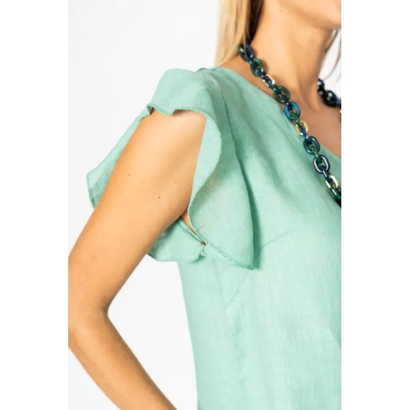 Look Mode Seafoam Linen Breeze Sheath Dress With Ruffled Cap Sleeves
