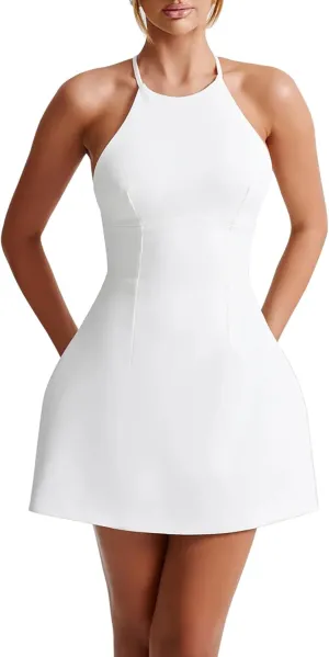 LuFeng Women's Summer Dresses Sleeveless Halter Neck A-line Criss Cross Back Invisible Zipper Mini Sundresses