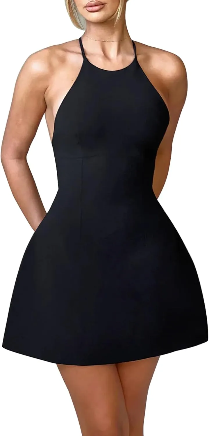 LuFeng Women's Summer Dresses Sleeveless Halter Neck A-line Criss Cross Back Invisible Zipper Mini Sundresses