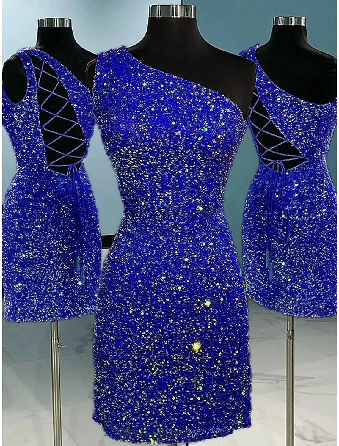 Luolandi A-Line Sheath / Column Homecoming Dresses Sparkle & Shine Dress Holiday Short / Mini Sleeveless One Shoulder Sequined with Glitter