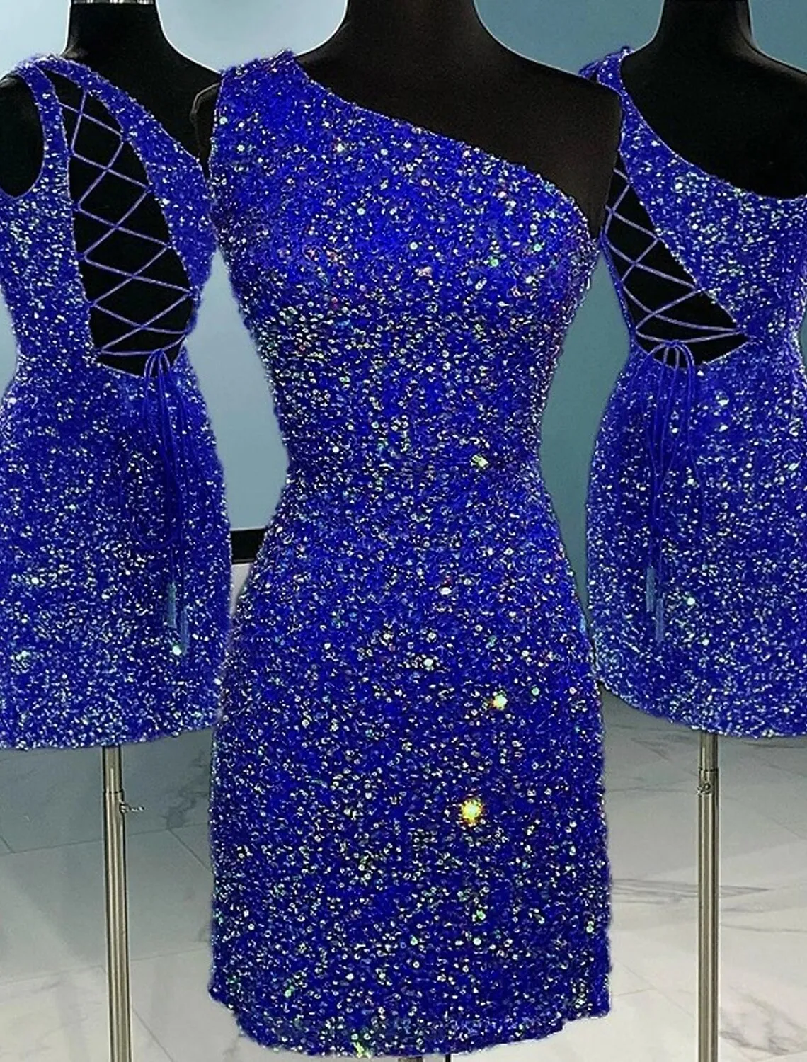 Luolandi A-Line Sheath / Column Homecoming Dresses Sparkle & Shine Dress Holiday Short / Mini Sleeveless One Shoulder Sequined with Glitter
