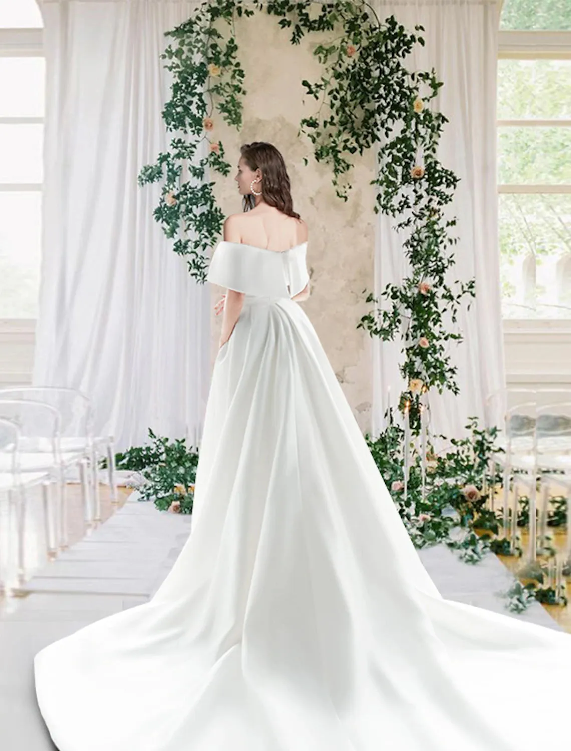 Luolandi Hall Casual Wedding Dresses Sheath / Column Off Shoulder Cap Sleeve Chapel Train Satin Bridal Gowns
