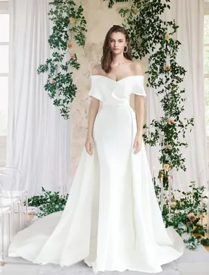 Luolandi Hall Casual Wedding Dresses Sheath / Column Off Shoulder Cap Sleeve Chapel Train Satin Bridal Gowns