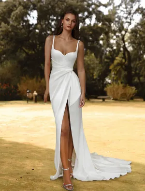 Luolandi Hall Casual Wedding Dresses Sheath / Column Sweetheart Camisole Spaghetti Strap Court Train Satin Bridal Gowns With Split Front Side-Draped Fall Wedding Party
