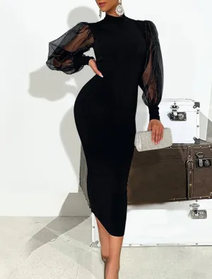 Luolandi Sheath / Column Cocktail Dresses Little Black Dress Dress Wedding Guest Tea Length Long Sleeve High Neck Stretch Fabric with Splicing