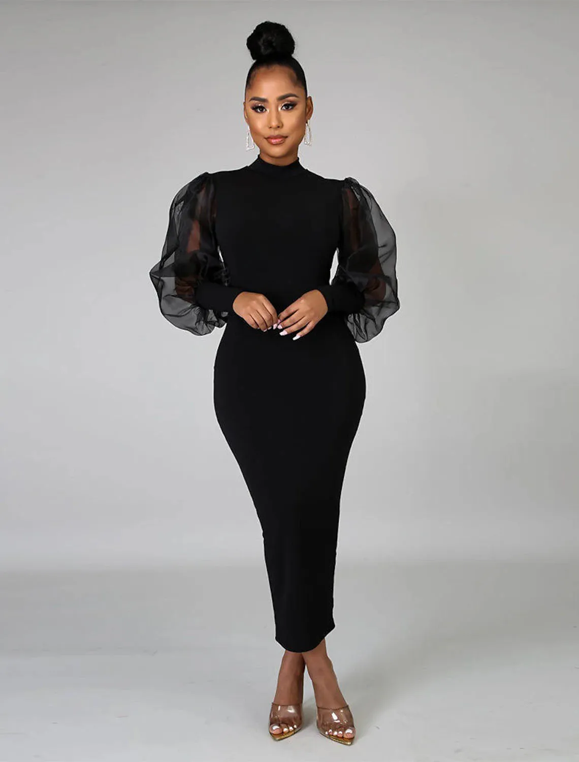 Luolandi Sheath / Column Cocktail Dresses Little Black Dress Dress Wedding Guest Tea Length Long Sleeve High Neck Stretch Fabric with Splicing