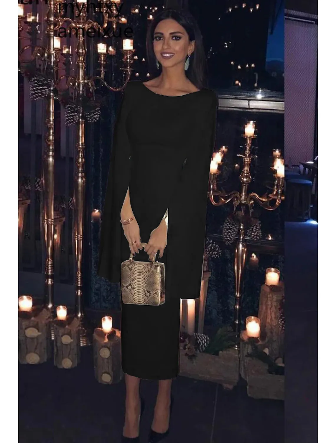Luolandi Sheath / Column Wedding Guest Dresses Elegant Dress Party Wear Tea Length Long Sleeve Jewel Neck Satin Backless