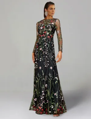 Luolandi Sheath / Column Wedding Guest Dresses Floral Dress Wedding Guest Floor Length Long Sleeve Jewel Neck Tulle