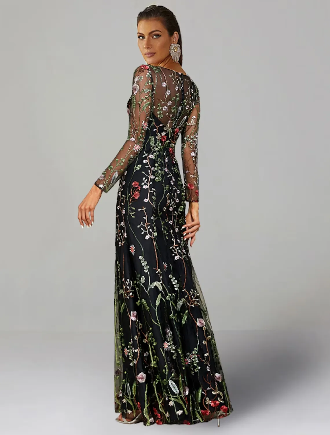 Luolandi Sheath / Column Wedding Guest Dresses Floral Dress Wedding Guest Floor Length Long Sleeve Jewel Neck Tulle