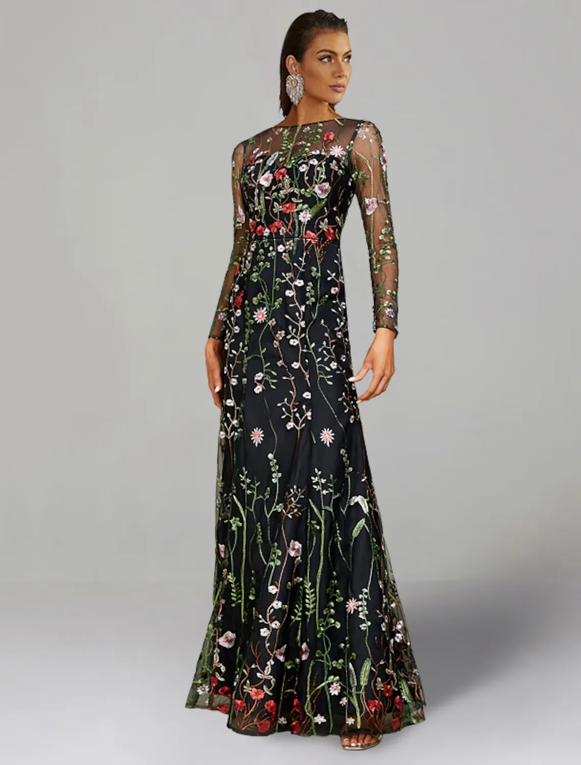 Luolandi Sheath / Column Wedding Guest Dresses Floral Dress Wedding Guest Floor Length Long Sleeve Jewel Neck Tulle
