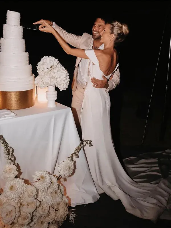 Luolandi Sheath/Column Stretch Crepe Ruched Off-the-Shoulder Sleeveless Chapel Train Wedding Dresses With Slit Without Wedding Veil