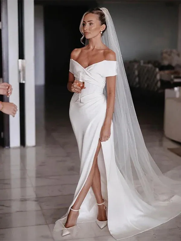 Luolandi Sheath/Column Stretch Crepe Ruched Off-the-Shoulder Sleeveless Chapel Train Wedding Dresses With Slit Without Wedding Veil
