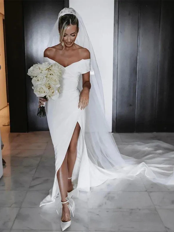 Luolandi Sheath/Column Stretch Crepe Ruched Off-the-Shoulder Sleeveless Chapel Train Wedding Dresses With Slit Without Wedding Veil