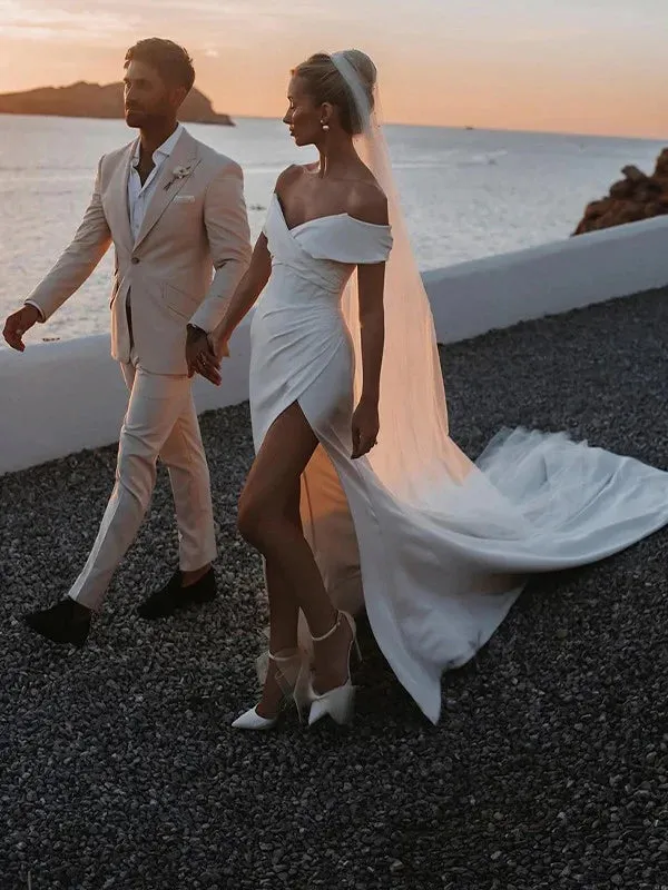 Luolandi Sheath/Column Stretch Crepe Ruched Off-the-Shoulder Sleeveless Chapel Train Wedding Dresses With Slit Without Wedding Veil