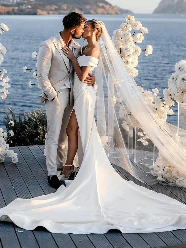 Luolandi Sheath/Column Stretch Crepe Ruched Off-the-Shoulder Sleeveless Chapel Train Wedding Dresses With Slit Without Wedding Veil