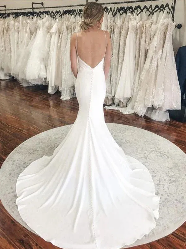 Luolandi Sheath/Column Stretch Crepe Ruched V-neck Sleeveless Court Train Wedding Dresses Solid Color