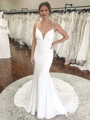 Luolandi Sheath/Column Stretch Crepe Ruched V-neck Sleeveless Court Train Wedding Dresses Solid Color