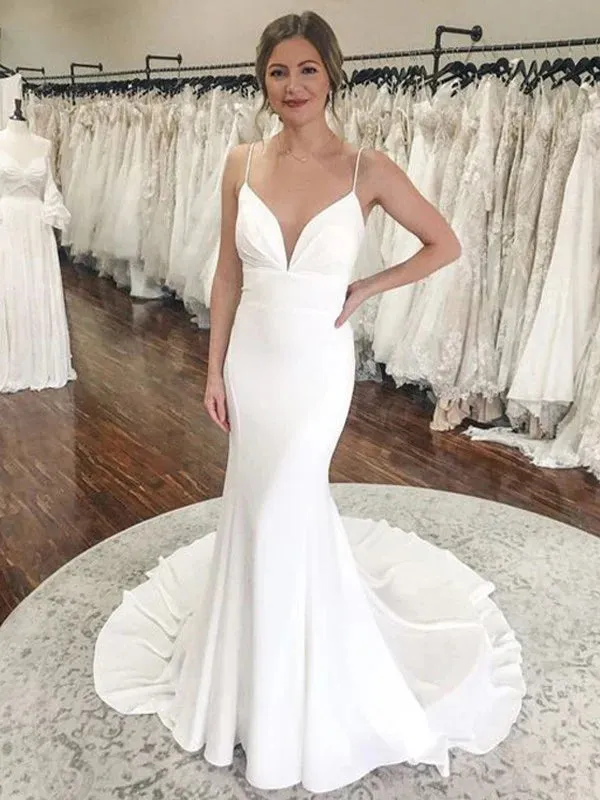 Luolandi Sheath/Column Stretch Crepe Ruched V-neck Sleeveless Court Train Wedding Dresses Solid Color