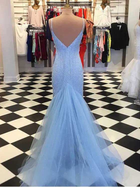 Luolandi Sparkly Tulle & Satin Spaghetti Straps Sheath Beaded Prom Dresses Sexy Evening Dress