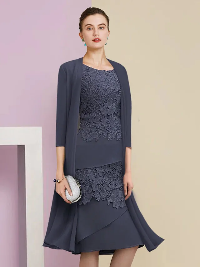 Luolandi Two Piece Sheath / Column Mother of the Bride Dress Formal Wedding Guest Vintage Elegant Scoop Neck Jewel Neck Knee Length Chiffon Lace Short Sleeve Jacket Dresses