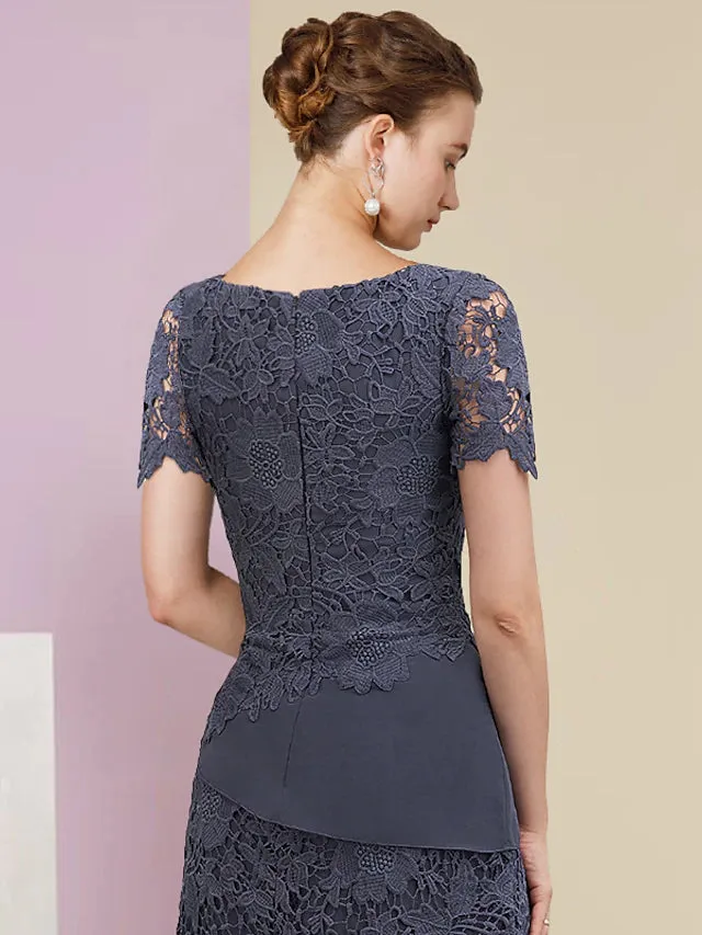 Luolandi Two Piece Sheath / Column Mother of the Bride Dress Formal Wedding Guest Vintage Elegant Scoop Neck Jewel Neck Knee Length Chiffon Lace Short Sleeve Jacket Dresses