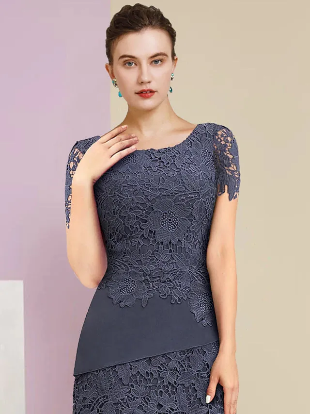 Luolandi Two Piece Sheath / Column Mother of the Bride Dress Formal Wedding Guest Vintage Elegant Scoop Neck Jewel Neck Knee Length Chiffon Lace Short Sleeve Jacket Dresses