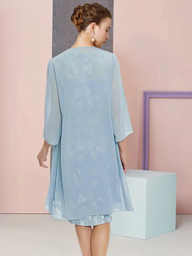 Luolandi Two Piece Sheath / Column Mother of the Bride Dress Formal Wedding Guest Vintage Elegant Scoop Neck Knee Length Chiffon Lace Sleeveless Jacket Dresses