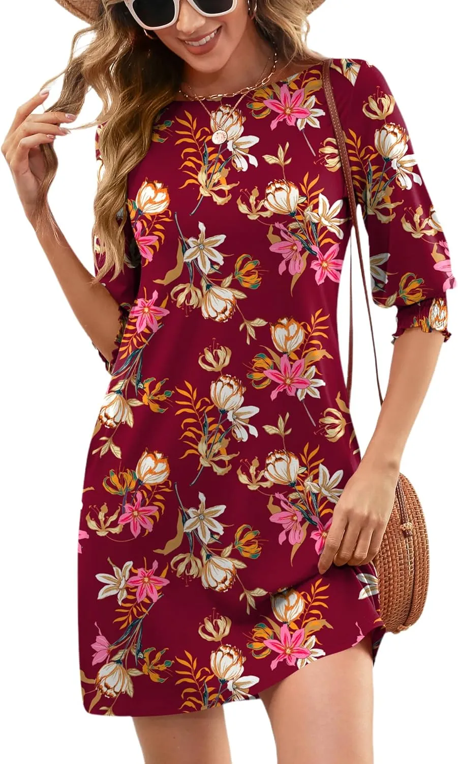 LUYAA Womens Summer Mini Dresses Boatneck 3/4 Puff Sleeve Floral T Shirt Dress with Pockets Boho Dresses Fashion Trendy 2025