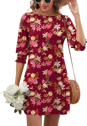 LUYAA Womens Summer Mini Dresses Boatneck 3/4 Puff Sleeve Floral T Shirt Dress with Pockets Boho Dresses Fashion Trendy 2025