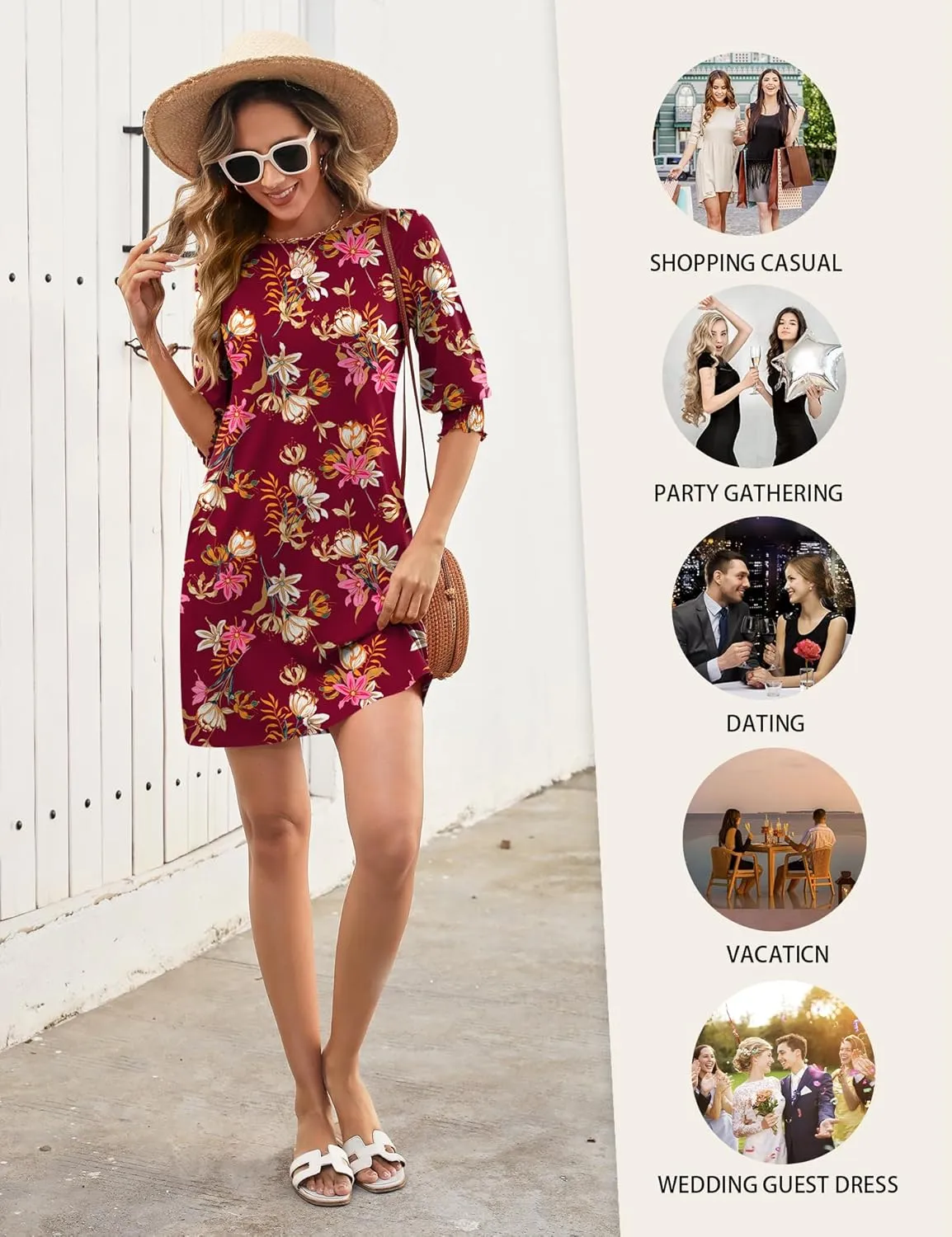LUYAA Womens Summer Mini Dresses Boatneck 3/4 Puff Sleeve Floral T Shirt Dress with Pockets Boho Dresses Fashion Trendy 2025