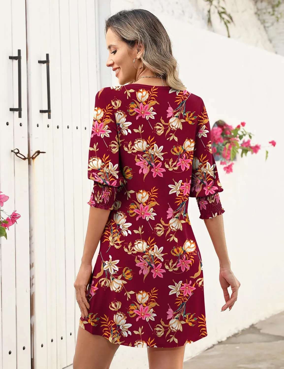LUYAA Womens Summer Mini Dresses Boatneck 3/4 Puff Sleeve Floral T Shirt Dress with Pockets Boho Dresses Fashion Trendy 2025
