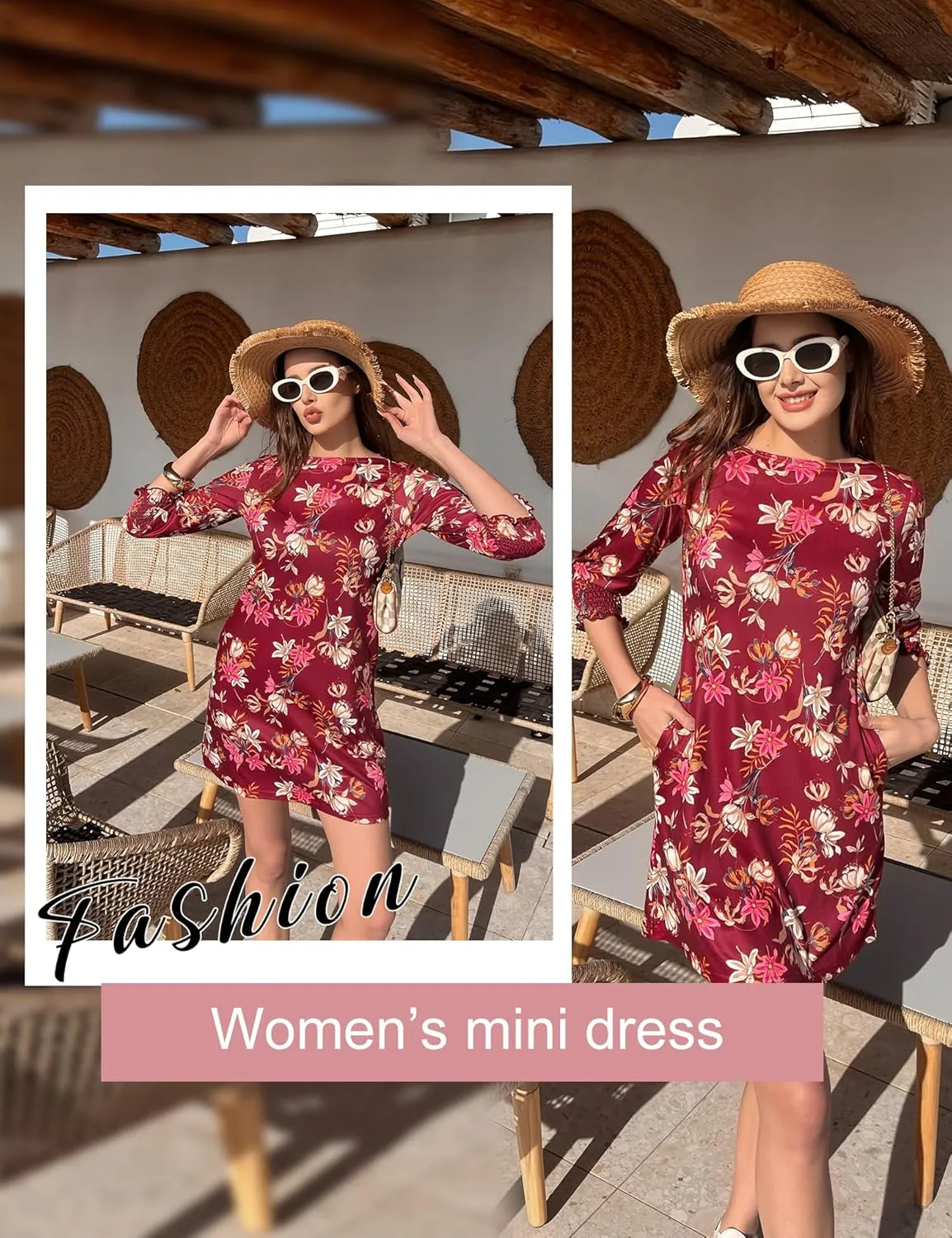 LUYAA Womens Summer Mini Dresses Boatneck 3/4 Puff Sleeve Floral T Shirt Dress with Pockets Boho Dresses Fashion Trendy 2025