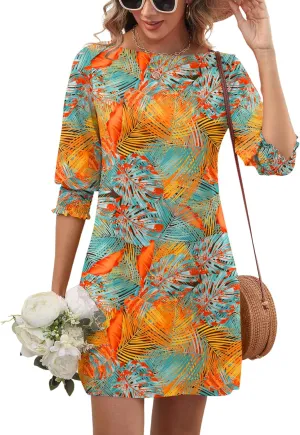LUYAA Womens Summer Mini Dresses Boatneck 3/4 Puff Sleeve Floral T Shirt Dress with Pockets Boho Dresses Fashion Trendy 2025