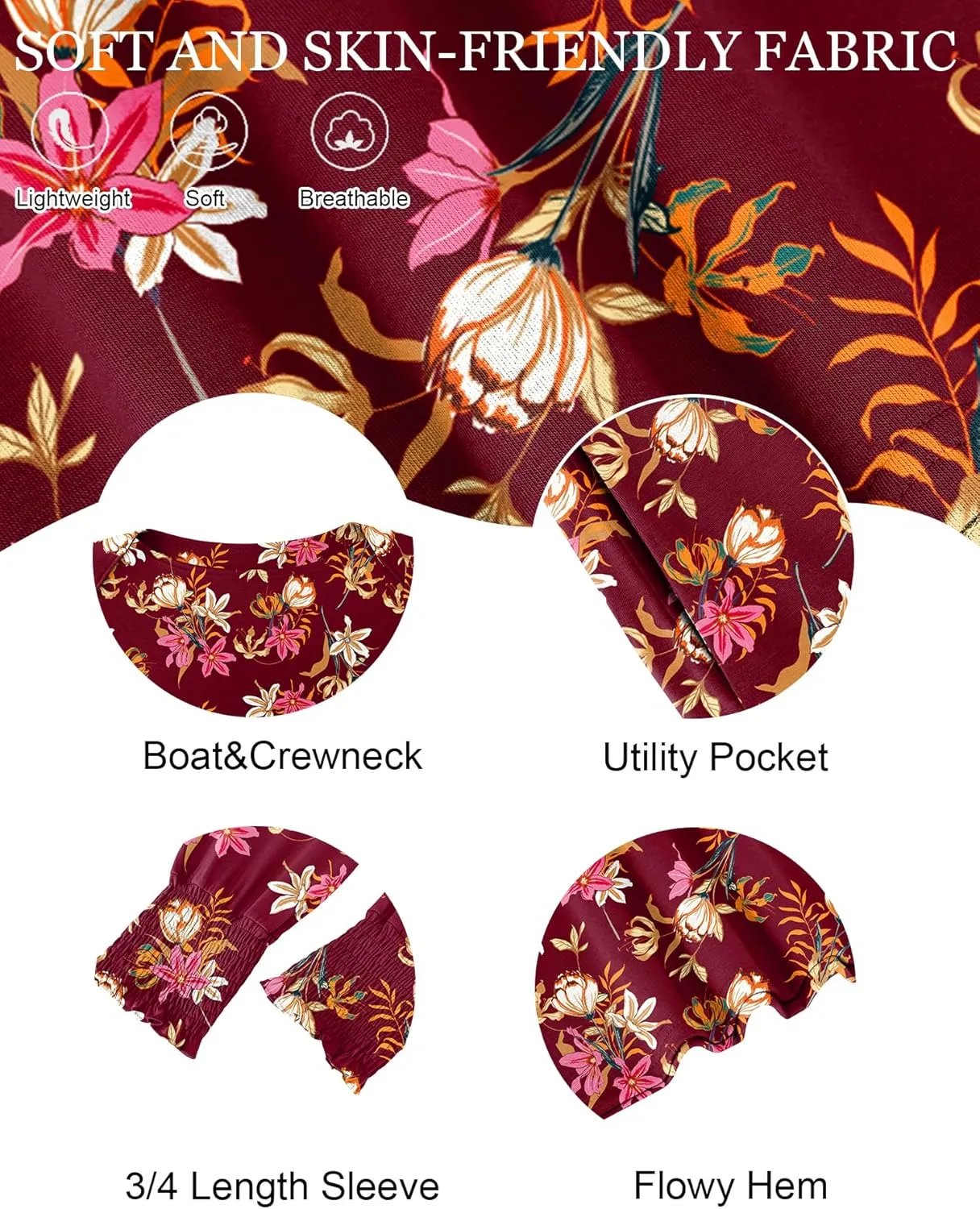 LUYAA Womens Summer Mini Dresses Boatneck 3/4 Puff Sleeve Floral T Shirt Dress with Pockets Boho Dresses Fashion Trendy 2025