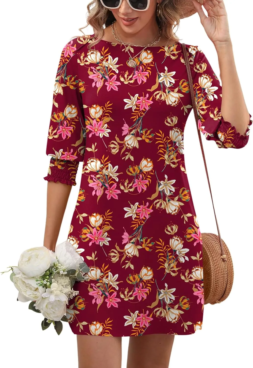 LUYAA Womens Summer Mini Dresses Boatneck 3/4 Puff Sleeve Floral T Shirt Dress with Pockets Boho Dresses Fashion Trendy 2025