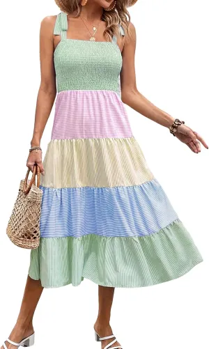MakeMeChic Women's Summer Floral Dresses 2025 Beach Vacation Casual Blue and White Long Maxi Sundresses Multi Green Striped Small