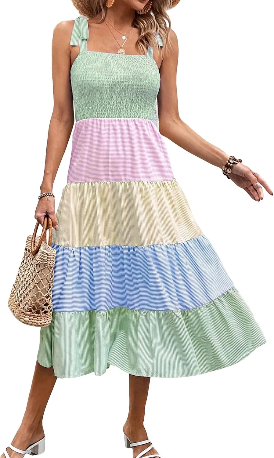 MakeMeChic Women's Summer Floral Dresses 2025 Beach Vacation Casual Blue and White Long Maxi Sundresses Multi Green Striped Small