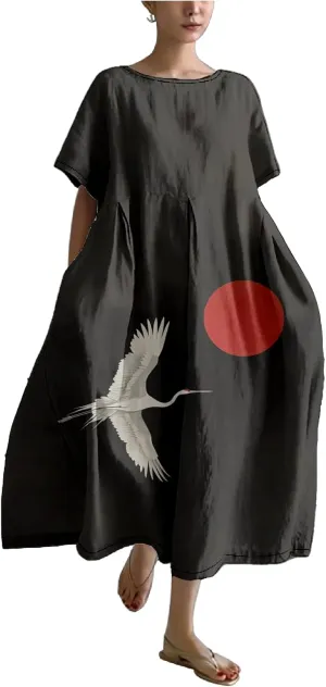 MARSVOVO Plus Size Dresses for Women 2024 Boho Maxi Dress Vintage Chinese Ink Painting Floral Print Casual Chiffon Dress