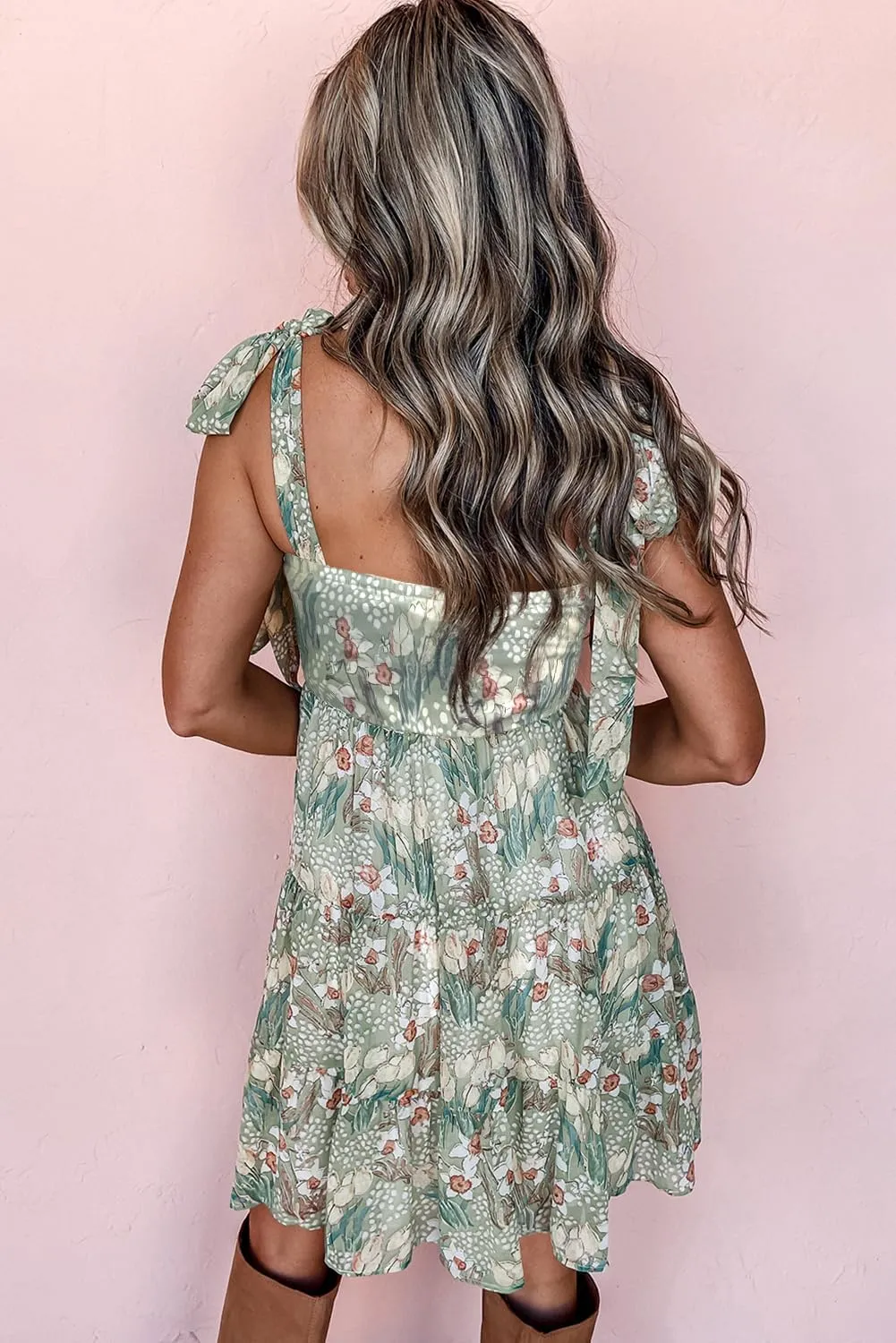 MARZXIN Womens Sleeveless Dress Gray Floral Knotted Strap Smocked Tiered Ruffle Mini Dress Floral Dresses