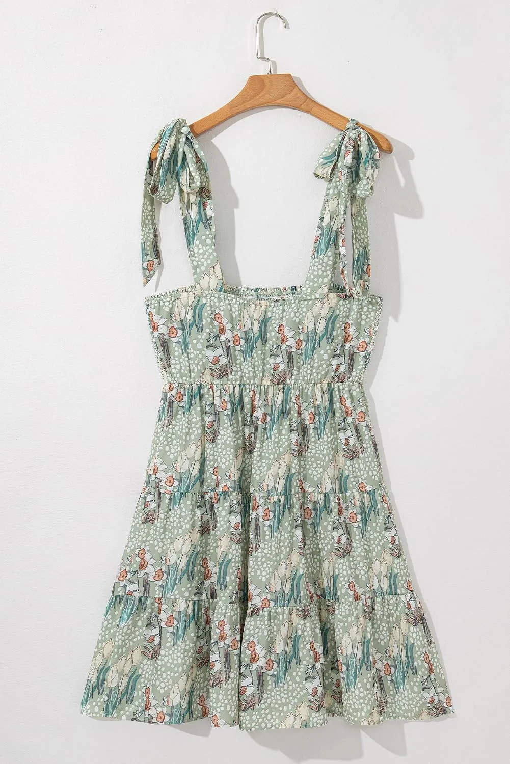 MARZXIN Womens Sleeveless Dress Gray Floral Knotted Strap Smocked Tiered Ruffle Mini Dress Floral Dresses