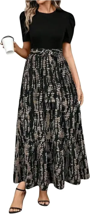 Maxi Dresses for Women 2025 Elegant Summer Puff Sleeve Flowy Floral Long Dress Casual Comfy Beach Party Sundresses