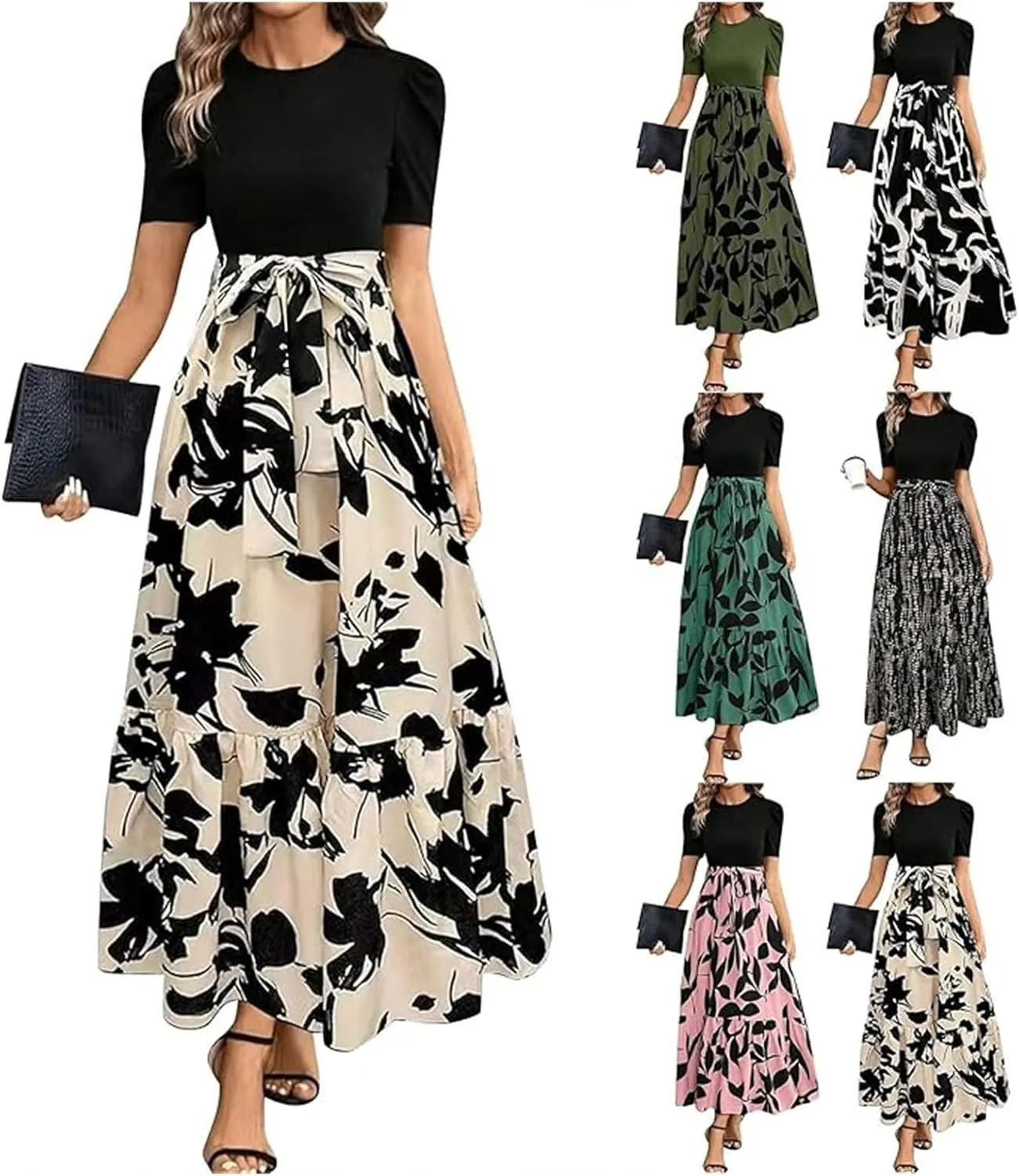 Maxi Dresses for Women 2025 Elegant Summer Puff Sleeve Flowy Floral Long Dress Casual Comfy Beach Party Sundresses