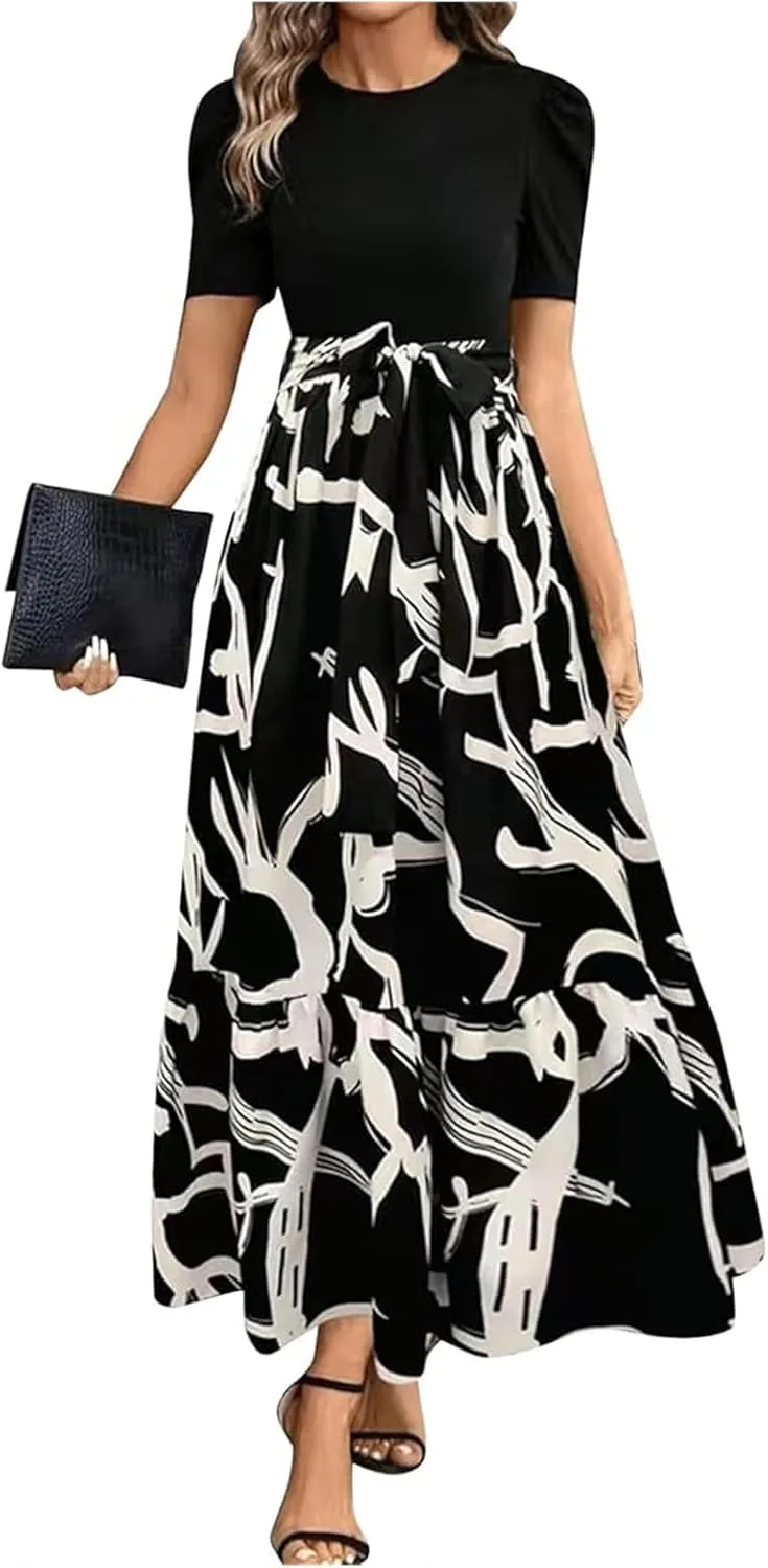 Maxi Dresses for Women 2025 Elegant Summer Puff Sleeve Flowy Floral Long Dress Casual Comfy Beach Party Sundresses