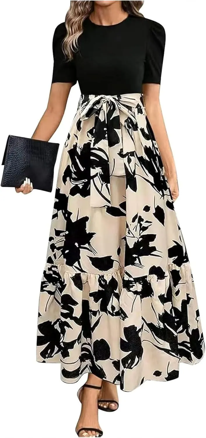 Maxi Dresses for Women 2025 Elegant Summer Puff Sleeve Flowy Floral Long Dress Casual Comfy Beach Party Sundresses