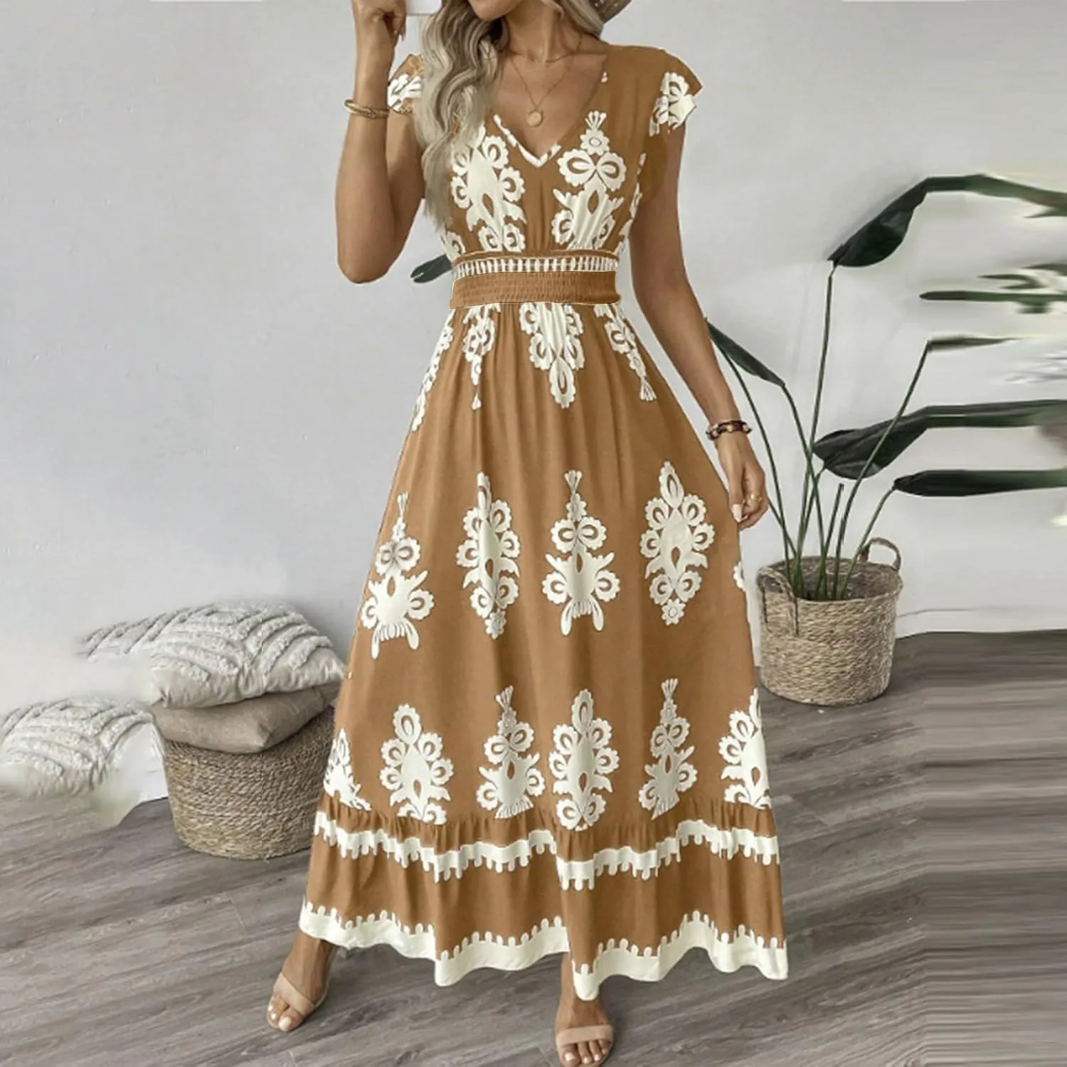 Maxi Dresses for Women 2025 Summer Boho Floral Cap Sleeve Wrap Dress Y2k Empire Waist V Neck Beach Vacation Sundress