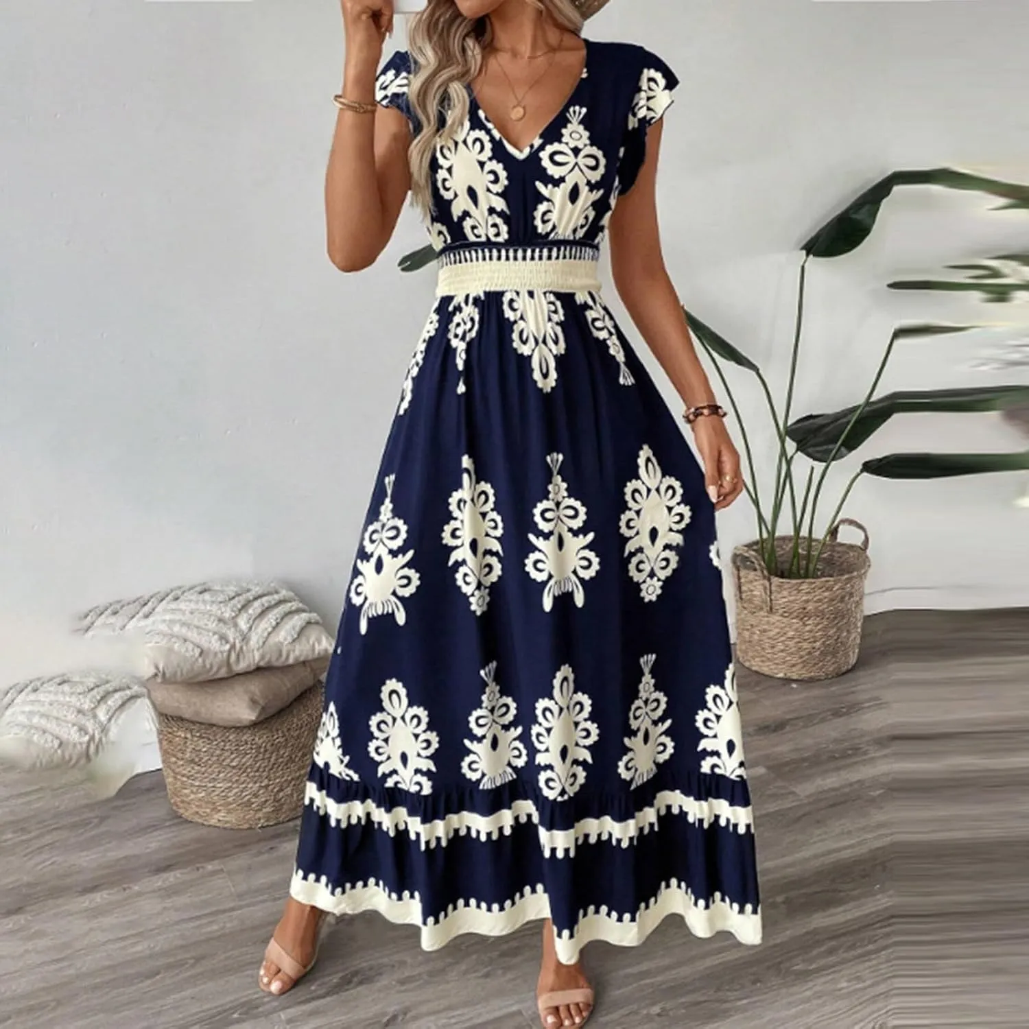 Maxi Dresses for Women 2025 Summer Boho Floral Cap Sleeve Wrap Dress Y2k Empire Waist V Neck Beach Vacation Sundress