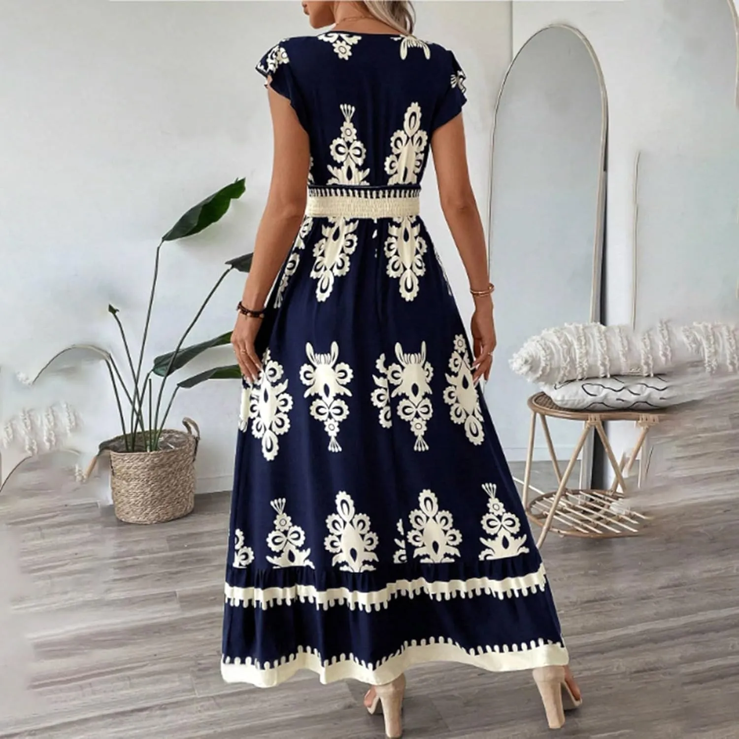 Maxi Dresses for Women 2025 Summer Boho Floral Cap Sleeve Wrap Dress Y2k Empire Waist V Neck Beach Vacation Sundress