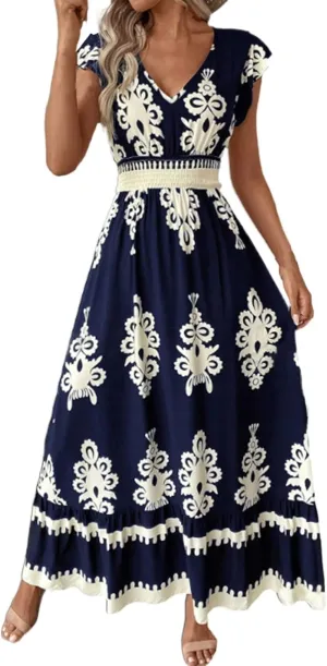 Maxi Dresses for Women 2025 Summer Boho Floral Cap Sleeve Wrap Dress Y2k Empire Waist V Neck Beach Vacation Sundress