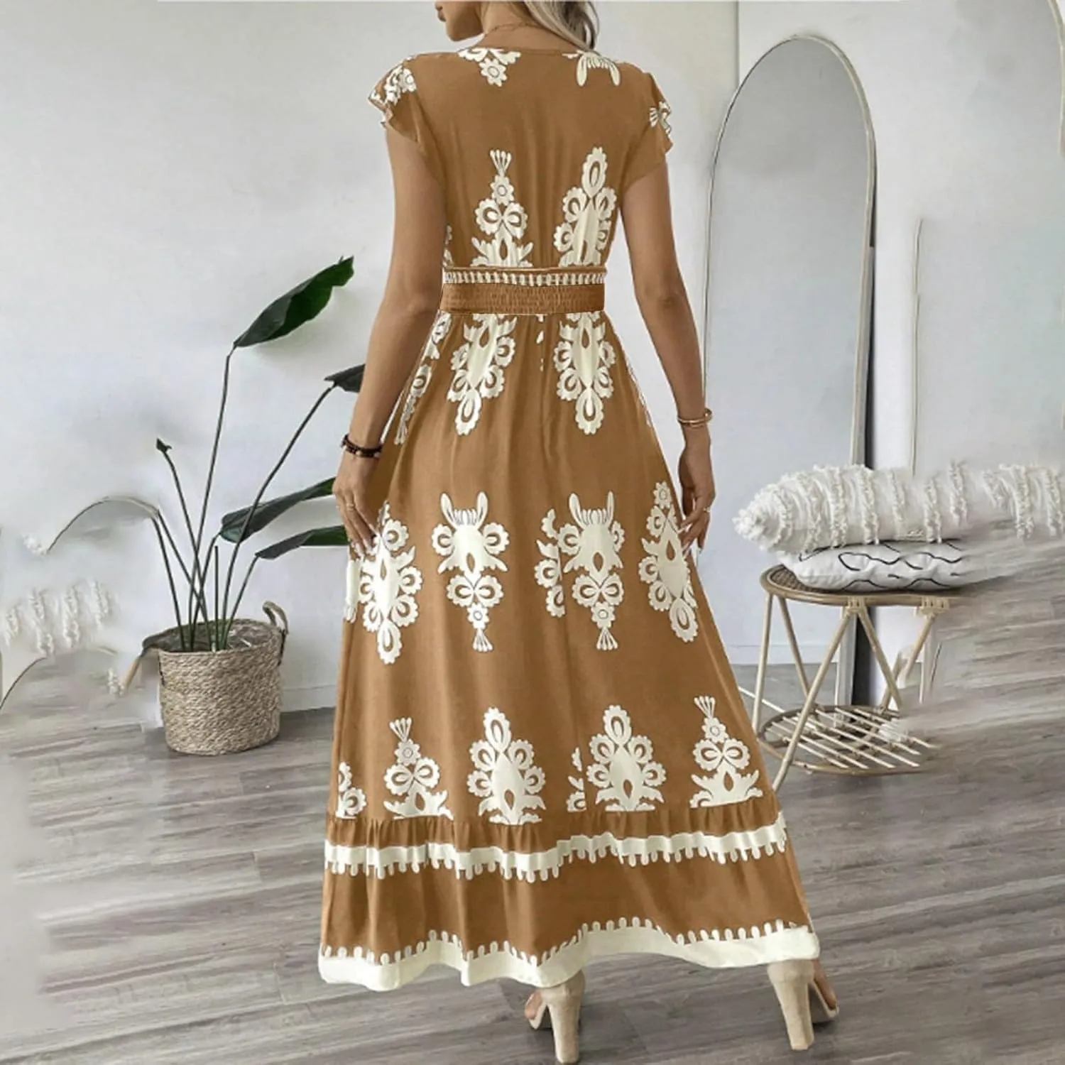 Maxi Dresses for Women 2025 Summer Boho Floral Cap Sleeve Wrap Dress Y2k Empire Waist V Neck Beach Vacation Sundress